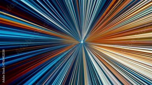 Abstract radial burst of blue and orange light streaks. A futuristic digital motion background perfect for technology, speed, or energy themes with copy space.
