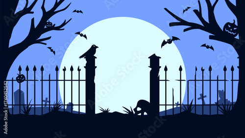 Cemetery landscape of spooky atmosphere with broken tomb gate. Background silhouette of graveyard entrance under the full moon. Vector illustration for Halloween event celebration with flat style
