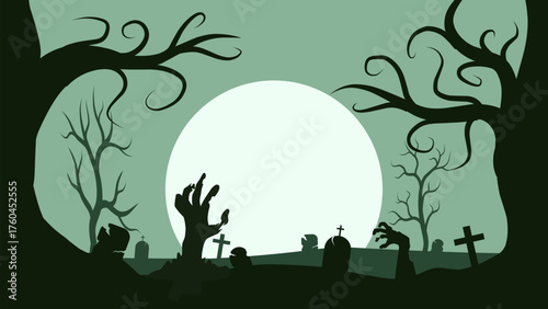 Cemetery landscape with zombie hand rises from the tombstones. Background silhouette of dead forest of graveyard with zombies. Vector illustration for Halloween event celebration with flat style