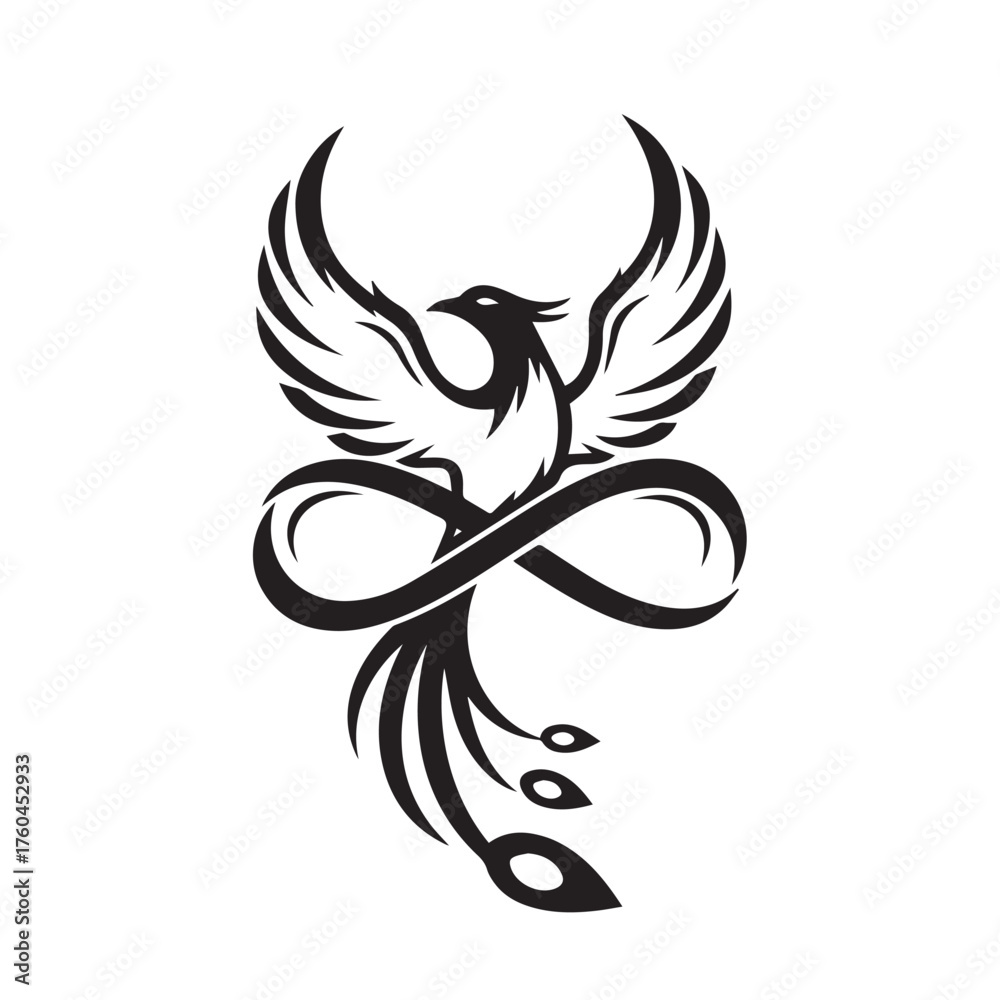 Fototapeta premium Stylized Phoenix with Infinity Symbol Black and White Illustration.