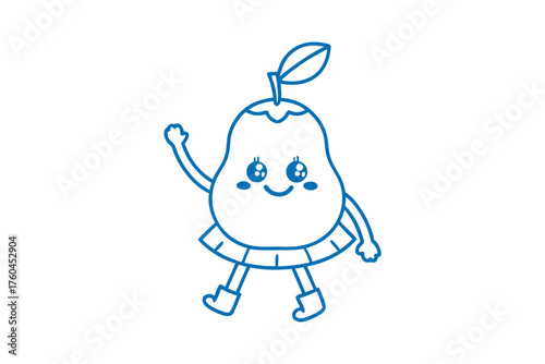 Cartoon pear character with big eyes and a skirt waves hello cheerfully