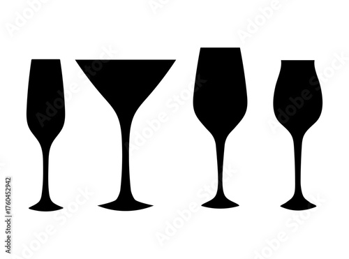Various types of drink glasses arranged side by side for a social gathering or celebration setting