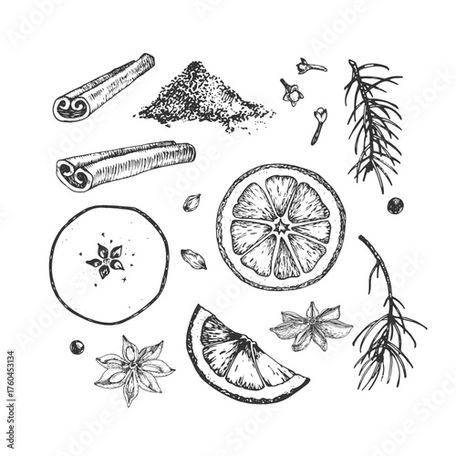 mulled wiSeamless Christmas hand-drawn vector pattern with mulled wine ingredients: cinnamon, anise, dried apple and orange, cloves, cardamom and fir branches. 