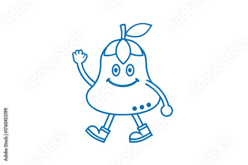 Cheerful pear character is walking and waving with happiness in blue outline