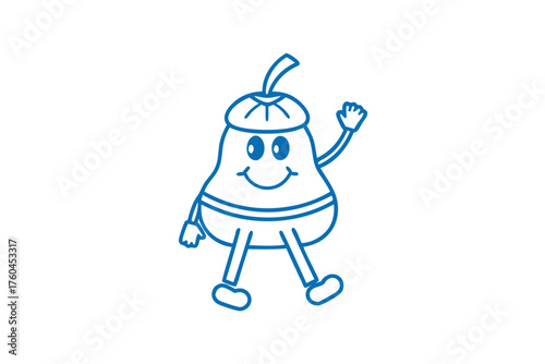 Cartoon pear with outlined face and limbs is waving cheerfully on white