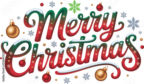 Merry christmas text with red and green lettering and snowflakes and christmas ornaments design