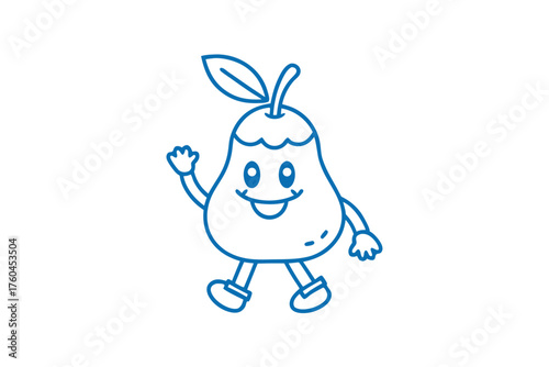 Cartoon pear outline waves while walking and smiling cheerfully in blue line