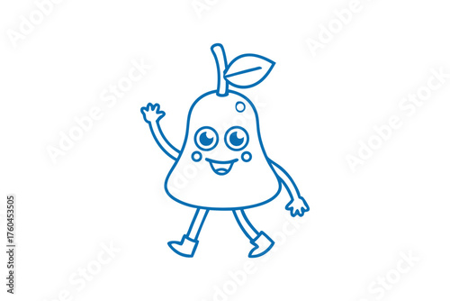 Cheerful pear with a leaf and stem waves while happily walking along merrily