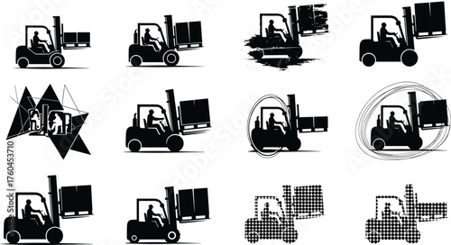 Flat vector, forklift with driver, industrial vehicle silhouettes, logistics equipment, warehouse work, construction safety, material handling, transportation, engineering, illustration