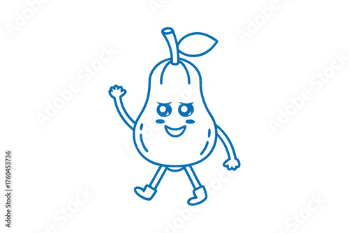 Cheerful pear cartoon character with blue outline is walking and waving hello