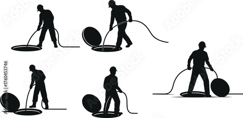 Flat vector, sewer maintenance worker, drain cleaning, construction safety, industrial labor, occupational safety, public utilities, infrastructure repair, sanitation service, illustration