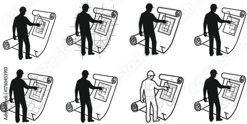 Flat vector, architect with blueprint, construction planning, engineering design, safety helmet, project management, building repair, technical drawing, industrial labor, illustration