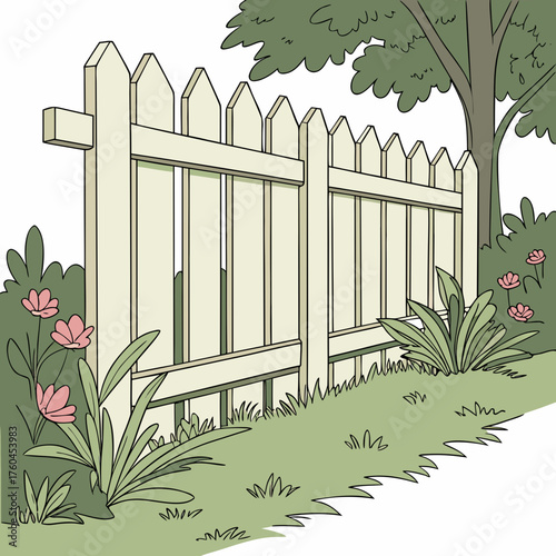 White picket fence surrounded by green grass and blooming flowers  