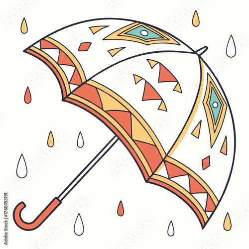 Colorful patterned umbrella with raindrops in a whimsical style  