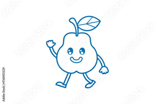 Blue pear line art character is walking happily and waving on a white background