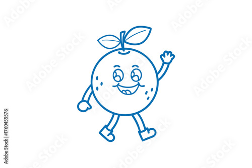 Charming linear art shows an orange fruit character cheerfully waving its hand