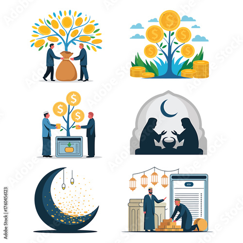 Islamic Finance Concepts Depicted in Vector Illustrations for Diverse Applications