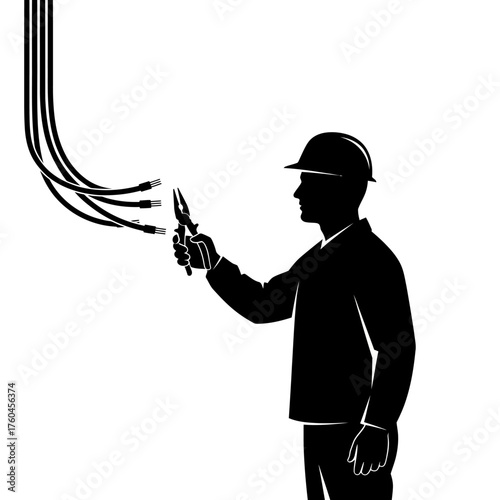 A silhouette of an electrician working on electrical wiring, using pliers to cut or connect cables, a symbol of electrical work and maintenance.