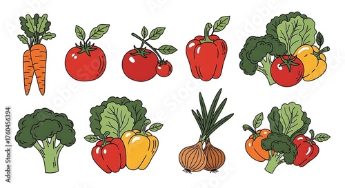 Collection of Fresh Vegetables and Fruits Hand Drawn Illustration.