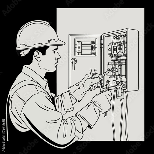An electrician wearing a hard hat works on an electrical panel, carefully using tools to maintain and repair the system for optimal functionality and safety.