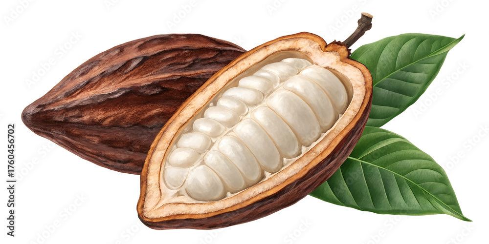 Fototapeta premium Single cacao seed half-cut, revealing smooth inner texture and rich brown shell, isolated realistic PNG