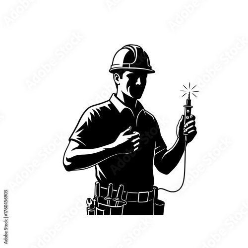An electrician wearing a hard hat uses a voltage tester to check electrical circuits, ensuring safety and functionality in a detailed illustration.