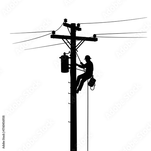 Silhouette of an electrician working on a power line, climbing a utility pole to maintain and repair the electrical infrastructure, ensuring power supply.