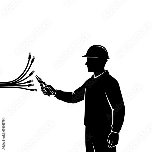 Silhouette of an electrician cutting network cables with pliers, symbolizing technology and connectivity in a modern setting.