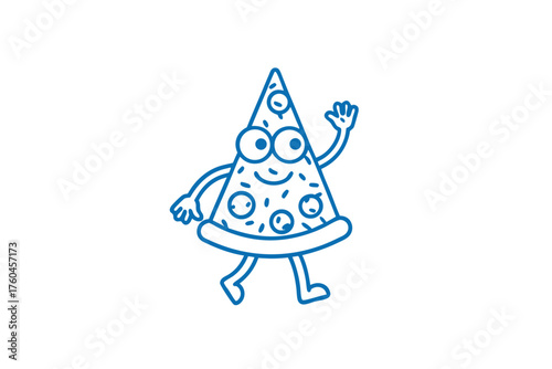 Cartoon pizza slice with a happy face walks while waving its arm cheerfully