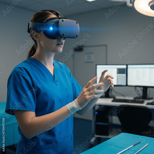 Surgeon in virtual reality training simulates surgery.