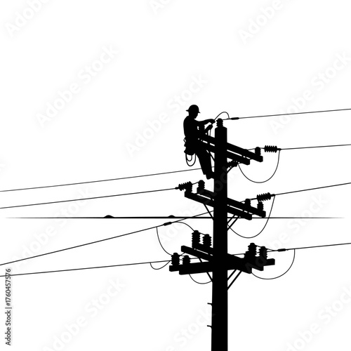 A silhouette of an electrical worker on a utility pole, performing maintenance, against a stark white background, emphasizing the power lines.