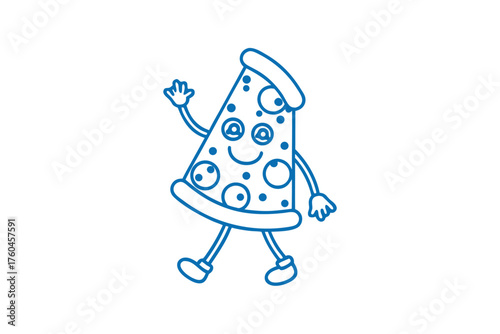 Animated pizza slice character waving cheerfully and walking joyfully, all outlined in blue