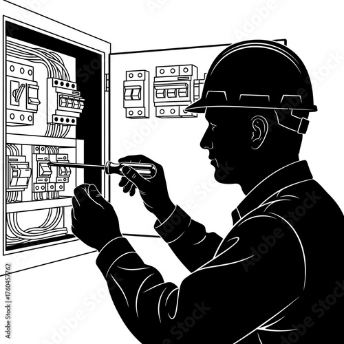 An electrician is working on an electrical panel, carefully using a screwdriver to make adjustments to the wiring and components.