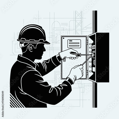 Silhouette of an electrician working on a circuit breaker panel, ensuring electrical safety and power distribution in a building.