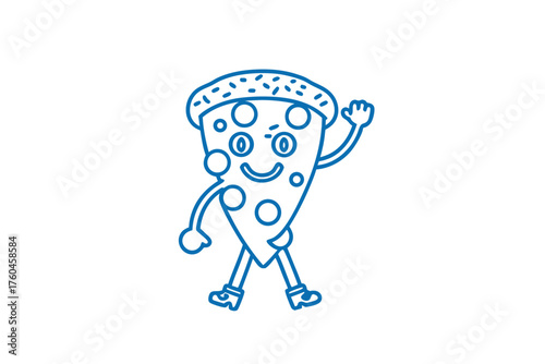 Blue outline pizza slice character with smile is waving hello cheerfully on white