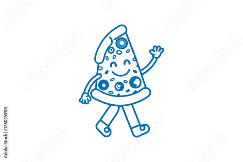 A blue pizza slice cartoon character walks with a smile and waves cheerfully