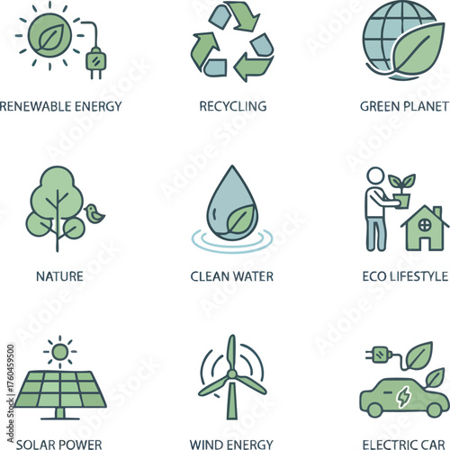 A versatile set of line icons covering fundamental concepts of ecology and sustainability.