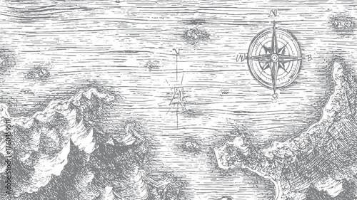 Old map with compass and ship ocean