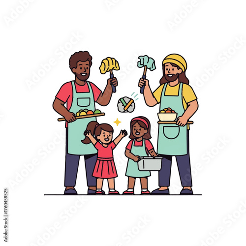 Joyful diverse family with two dads and their daughters cooking together in the kitchen, a flat vector illustration showing modern parenthood