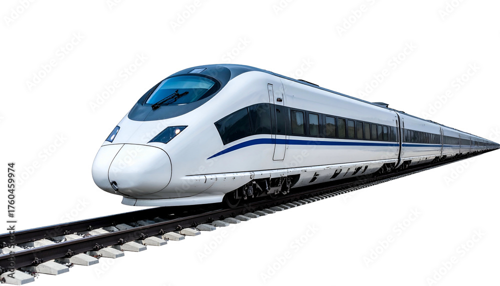 Fototapeta premium Sleek white high-speed train on tracks against a black background