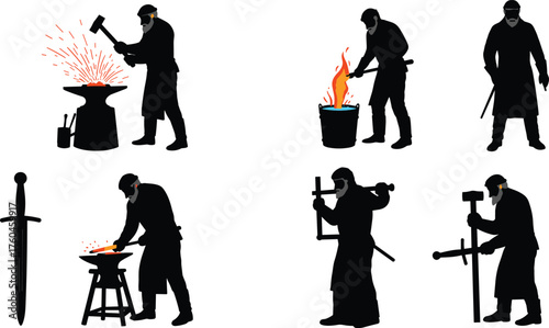Blacksmith forging sword with hammer and anvil, fire sparks flying, metalwork craftsmanship silhouette illustration of traditional workshop tools