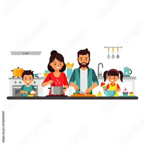 A cheerful family illustration of parents and kids preparing food in a modern kitchen, showcasing bonding and teamwork
