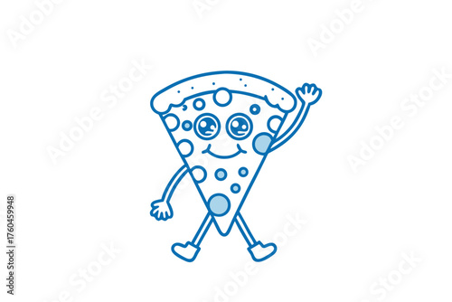 Cartoon pizza slice with big eyes is walking and waving a hand cheerfully