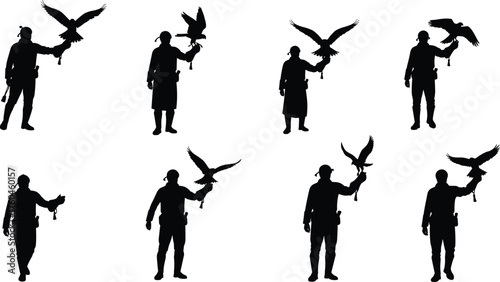 Silhouette of falconer training hawk for hunting, man with bird of prey, falconry sport, wildlife control, traditional hunting illustration