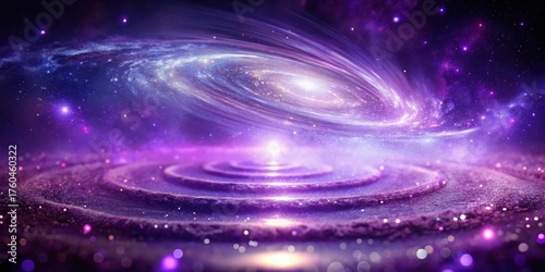 Cosmic Swirl Above a Glittering Purple Planetoid, a Celestial Tapestry of Light and Stardust