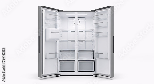 Open empty refrigerator on white background