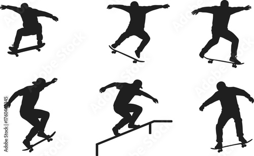 Silhouette of skateboarders performing tricks and jumps, extreme sports action, urban skateboarding stunts, freestyle movement, street sport illustration design