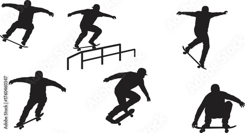 Silhouette of skateboarders performing tricks and stunts on rails, urban street sport action, skateboarding movement, extreme freestyle illustration design