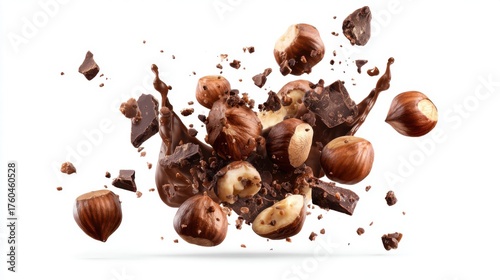 Chunks of rich chocolate and crunchy hazelnuts burst apart showcasing a mix of ingredients flying in all directions highlighting the texture and taste.