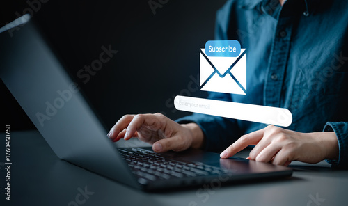 newsletter, signup, form, email, subscribe, A person subscribing to an email newsletter on a laptop with a digital signup form, representing marketing engagement, lead generation, and audience growth.